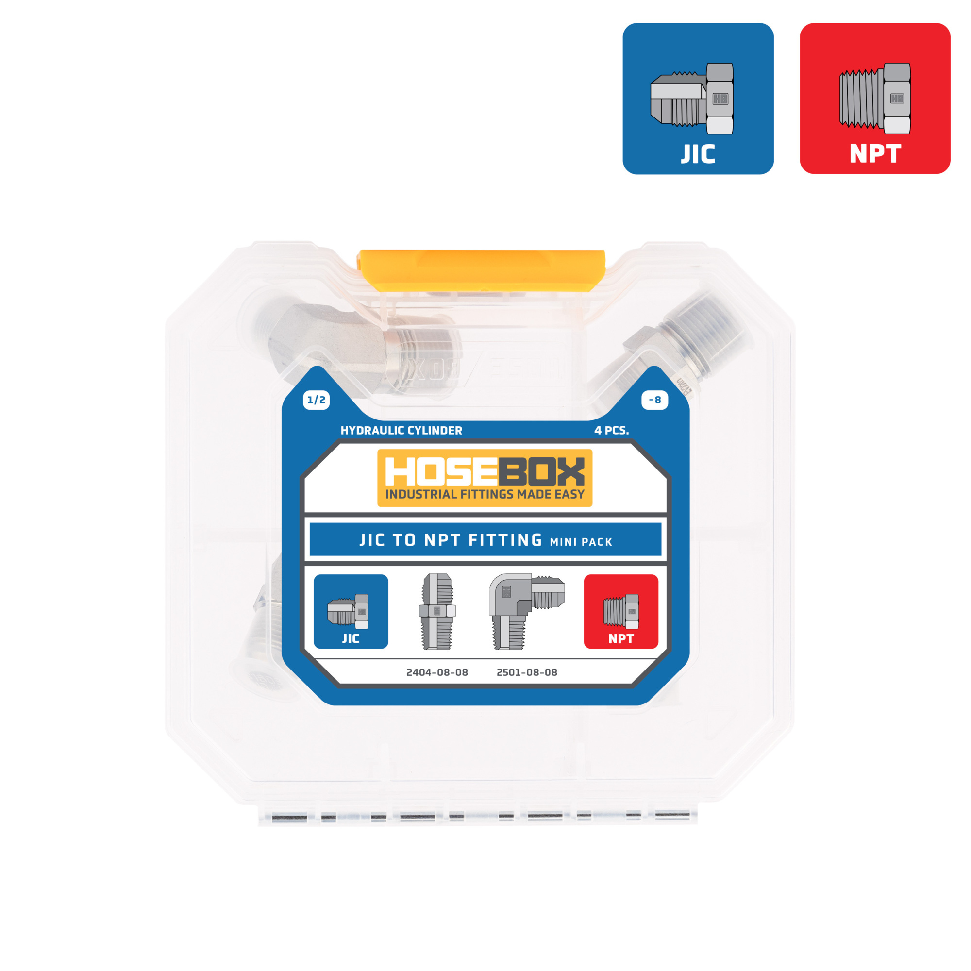 HoseBox, (SAE 8) JIC to NPT Mini Pack - 4 Adapters, Fitting Size Other in, Model# HBE2001-007